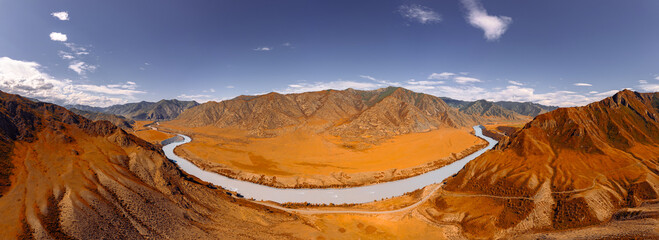 Beautiful autumn landscape Katun river and mountains, famous tourist spot in republic Altai...