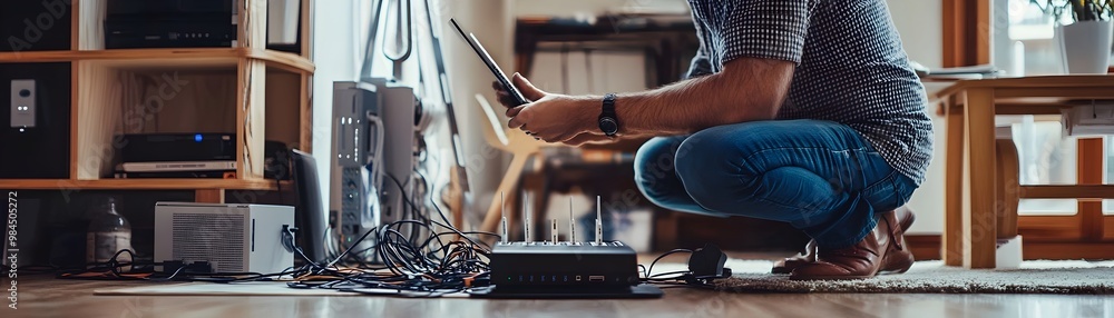 Poster handyman setting up wi fi routers for small business office networking and connectivity