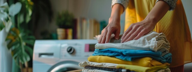 Obraz premium A woman arranging neatly folded clothes on a wooden table in a cozy, natural setting, emphasizing tidiness and organization