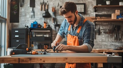Fototapeta premium Handyman Assembling Ergonomic Office Furniture with Sleek Tools on Workbench in Contemporary Loft