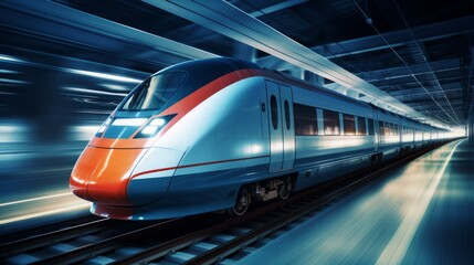 Fototapeta premium High speed train in motion on the railway station at sunset. Neural network ai generated art