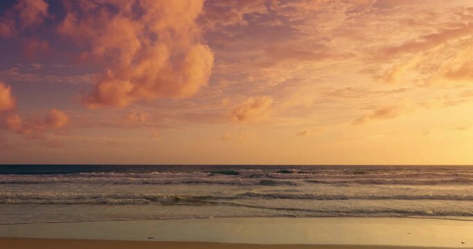 Phuket Thailand. Sea beach sunset or sunrise In Nature video landscape view of Sea wave foamy come in sand beach sunset dramatic sky sunset Shot on cinema cam high quality (DCI4K 4096x2160p. ProRes422