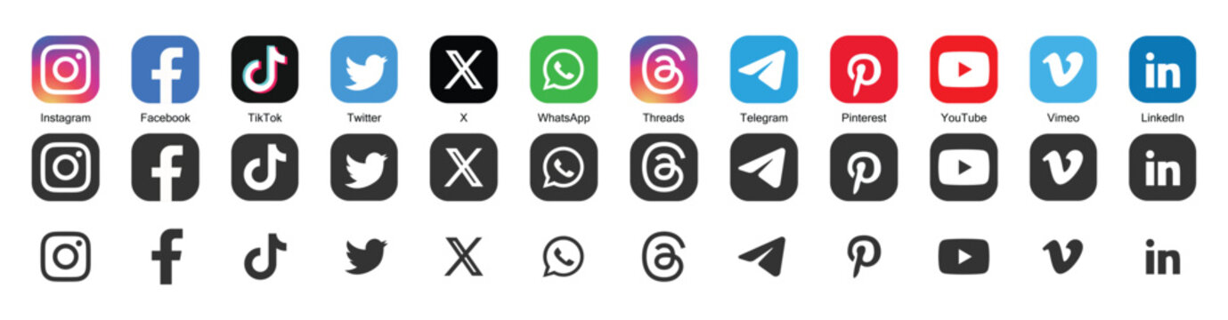 Social media icon logo vector 2025 set. Instagram, twitter, X, facebook, tiktok, threads app. Popular social media icons button fit for web, mobile app