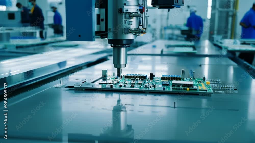 Poster advanced automation technology assembling circuit boards in a modern electronics manufacturing facil