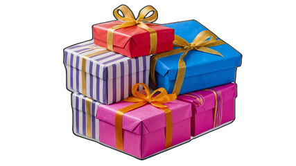 Obraz premium Gift boxes of different colors, wrapped with colorful ribbons and bows. They are arranged on a white background. This image is perfect for any project related to celebration, gifts, presents.