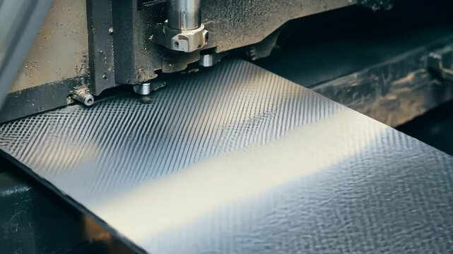 Machine cutting carbon fiber sheet in a workshop during bright afternoon hours