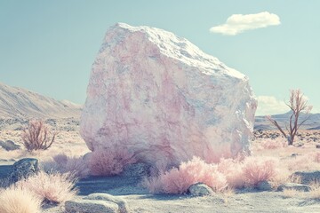 A large white rock stands in a pink desert landscape with a blue sky.