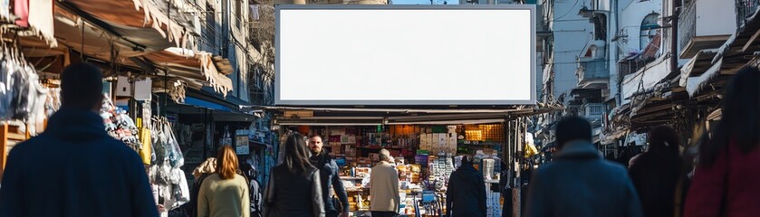 Fototapeta premium White billboard atop a small shop in a busy market street, bright sunlight casting shadows, people walking by, eyelevel shot