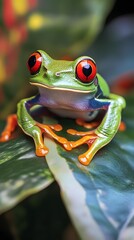 Fototapeta premium Green Tree Frog on Blue Background, Photo Realistic, Texture, Pattern Background, Wallpaper, Cover and Screen of Smartphone, PC, Laptop, 9:16 and 16:9 Format
