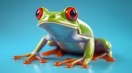 Obraz premium Green Tree Frog on Blue Background, Photo Realistic, Texture, Pattern Background, Wallpaper, Cover and Screen of Smartphone, PC, Laptop, 9:16 and 16:9 Format