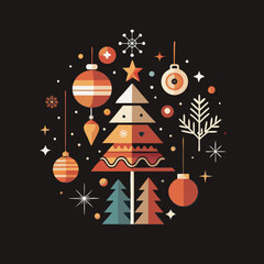 Stylized Christmas tree with colorful ornaments and decorations on a black background