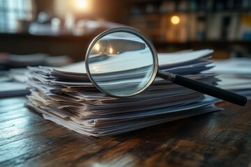 A magnifying glass rests on a stack of papers, symbolizing the importance of detail and investigation.