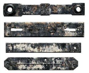 Set of realistic damaged, rusted metal user interface elements, including buttons, menus, and windows