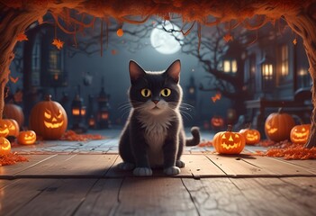 illustration of gray cat on halloween background with copy space, halloween concept