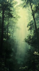 Obraz premium Sunlight streams through a dense green forest, creating a mystical atmosphere.