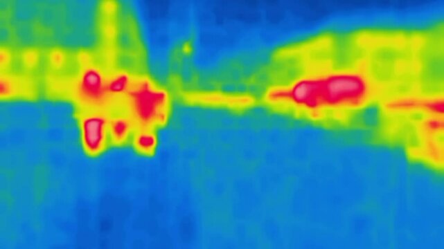 Night city. Walker on sidewalks and cars on the roadwayI mage from thermal imager device.