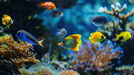 Obraz premium Beautiful aquariums, from selecting compatible fish species to creating a balanced ecosystem that mimics natural habitats.