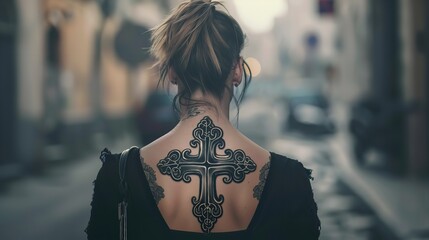 a female with a back cross tattoo, Generative AI.