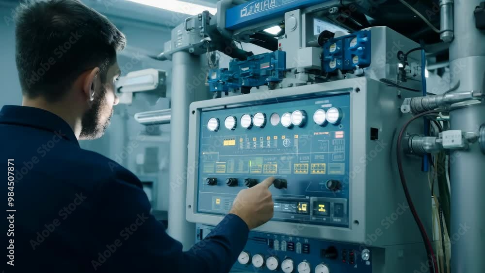 Poster engineer operating advanced control panel for automated machinery in high-tech facility
