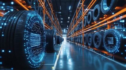 AI-driven forecast of market demand enhancing tire production efficiency, showcasing advanced analytics, production lines, and strategic planning in a modern manufacturing environment