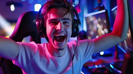 A young man enthusiastically celebrates his gaming triumph, wearing headphones and immersed in a lively gaming environment filled with dynamic lighting and multiple monitors.