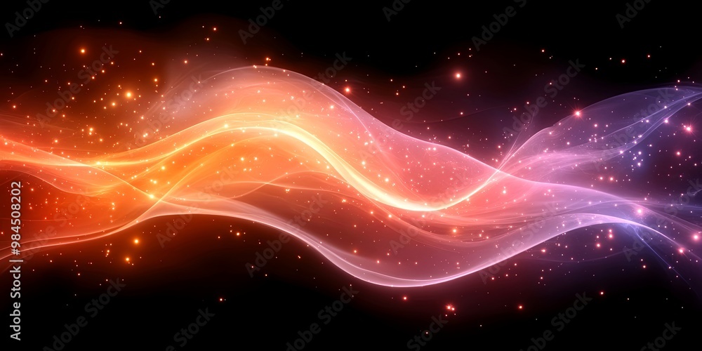 Poster Abstract Cosmic Dance with Shimmering Glowing Waves and Glittering Stars