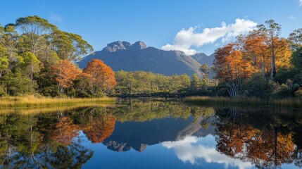A tranquil lake reflecting the majestic mountains and vibrant trees of Ackmon National Park during autumn.