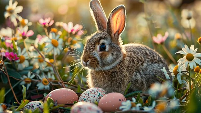 Easter Bunny delivers colorful eggs in a decorated nest for spring celebrations