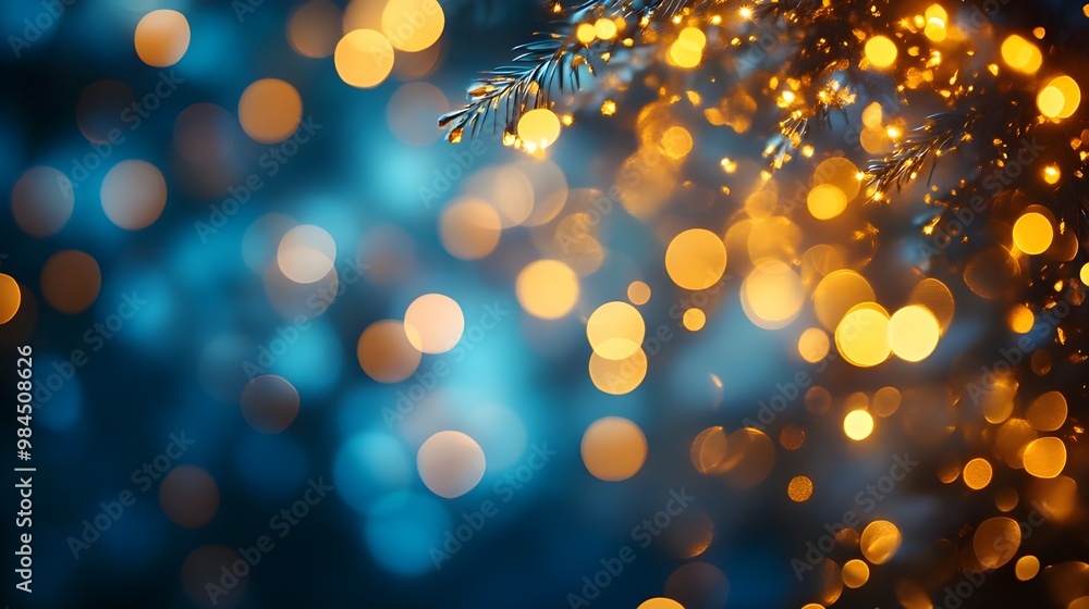 Poster christmas background with bokeh defocused lights and fir tree branches - generated ai
