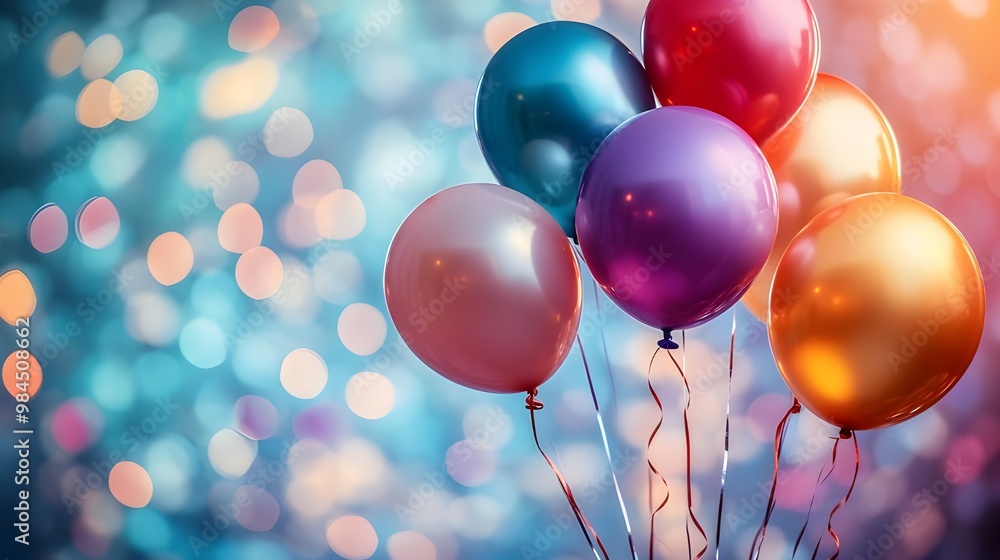 Poster colorful balloons with bokeh background. 3d rendering - generated ai