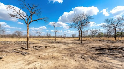 Obraz premium Arid Desert Landscape with Bare Trees and Clear Sky