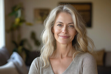 Photo of a beautiful 50-year-old American woman. The woman is in the living room. Advertising banner.
