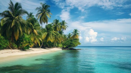 Obraz premium Tropical Island Retreat, an idyllic beach embraced by turquoise waters, fringed with vibrant palm trees, perfect for a serene escape and relaxation in paradise