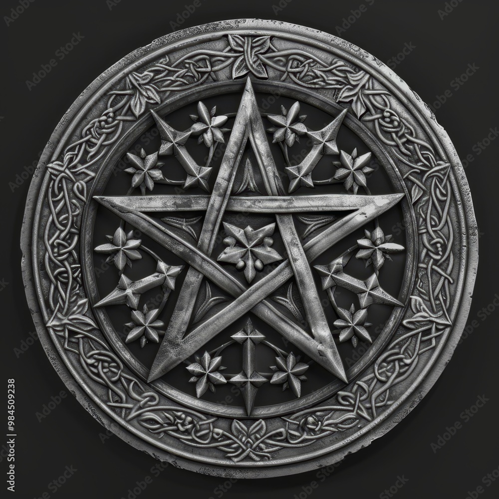 Wall mural intricate silver pentagram medallion with ornate design