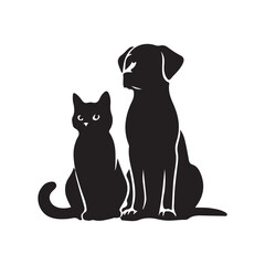 Cat and dog friendship simple logo icon silhouette vector with white background