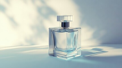   A bottle of perfume rests atop a table, adjacent to a person's silhouette projected onto the wall