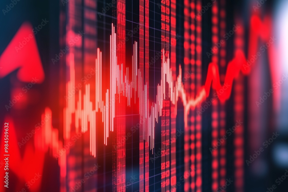 Aufkleber financial market data displayed on a digital screen with fluctuating red lines and numbers in a mode