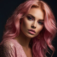 Naklejka premium Beautiful woman with flowing hair, perfect makeup, and captivating eyes poses in a glamorous studio settingBeautiful woman with flowing hair, perfect makeup, and captivating eyes poses in a glamorous 