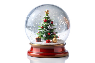 Christmas snow globe with tree, ornaments, and gold base