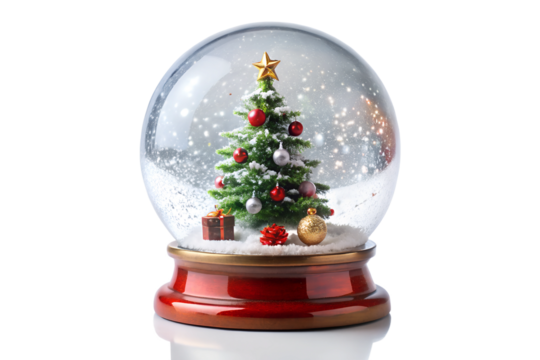 Christmas snow globe with tree, ornaments, and gold base - Powered by Adobe