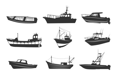 Fishing boat silhouette, Bass boat svg, Boat silhouette, Fishing boat svg, Bass boat silhouette, Fishing boat vector set.  
