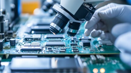 Quality Control in Electronics Manufacturing, inspectors scrutinizing circuit boards with microscopes, ensuring precision and reliability in production standards.