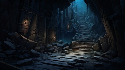 Mysterious dungeon tunnel with walls made of stone. Neural network ai generated art
