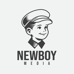 Vintage Boy Vector with Cadet Flat Cap for Newspaper Boy or Newsboy Classic Image Illustration Logo Design