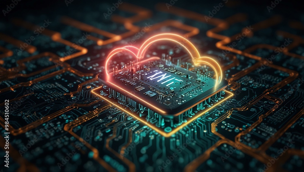 Poster glowing cloud icon with ai text above digital circuit board