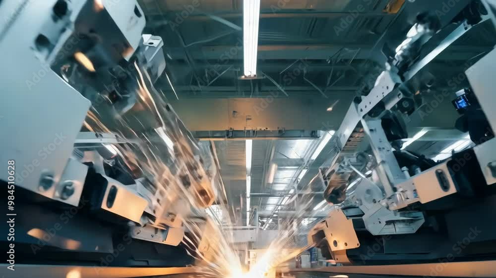 Poster exploring advanced automation technology in a state-of-the-art manufacturing facility during dayligh