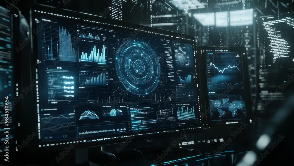Poster graphs, charts, and other data visualizations are featured in a highly detailed and futuristic user 