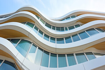 White building facade with curved balconies resembling waves, showcasing biophilic architectural design