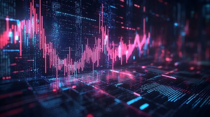 Fototapeta premium A decline in holographic stock prices, virtual business declines, futuristic economic impacts, neon interfaces