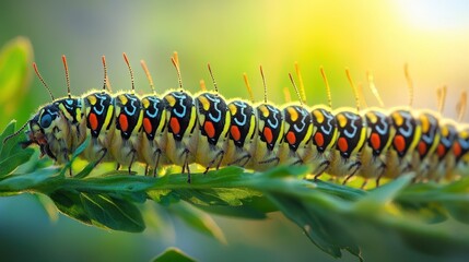 A vibrant and colorful caterpillar is crawling on a lush green leaf